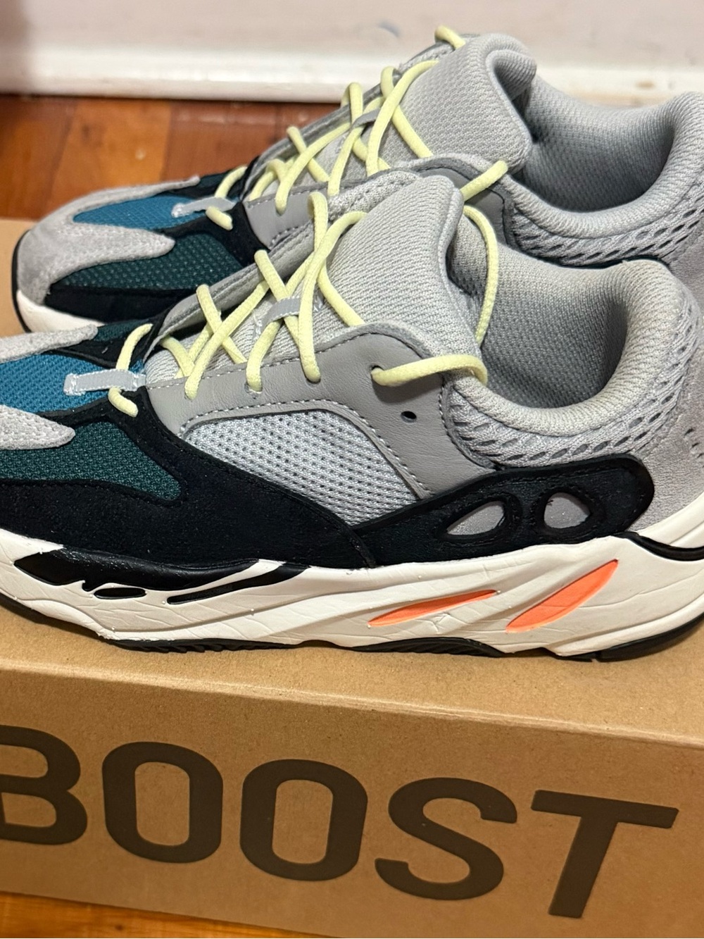 Adidas Kids Grey, Teal and Black Sneakers with Neon Yellow Laces Size 13